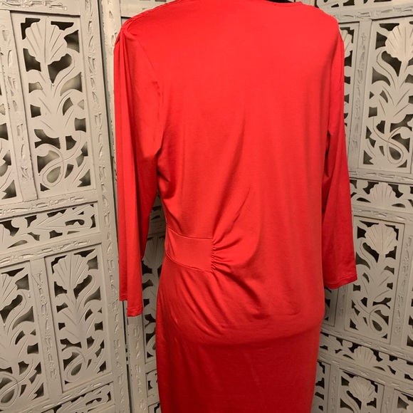 K JORDEN BRILLIANT RED ROUCHED & RUFFLED LONG SLEEVE STRETCHY MIDI DRESS - Picture 9 of 9